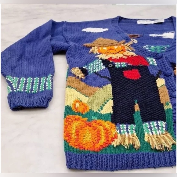 Vintage Alexandra Bartlett Knitted Fall Scarecrow Pumpkin Cardigan Sweater 90s 🎃 - Picture 5 of 6